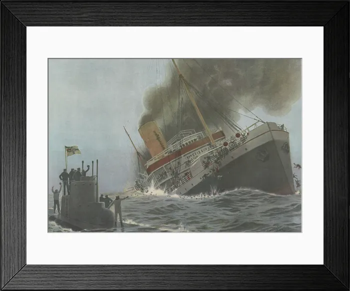 Framed Print : German submarine U-28 sinking the Falaba off the southern Irish coast, on March 28, 1915. The Germans allowed evacuation of crew and passengers of British ship before sinking