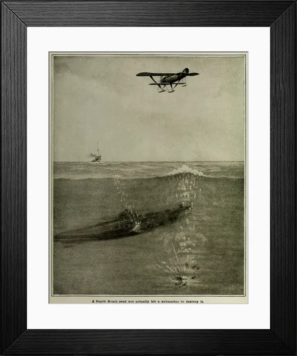 Framed Print : Anti-submarine depth-charge dropped from an airplane explodes underwater near a submerged U-boat. World War 1 era illustration (BSLOC_2016_13_165.jpg ) Framed Print : Anti-submarine depth-charge dropped from an airplane explodes underwater near a submerged U-boat. World War 1 era illustration (BSLOC_2016_13_165.jpg )