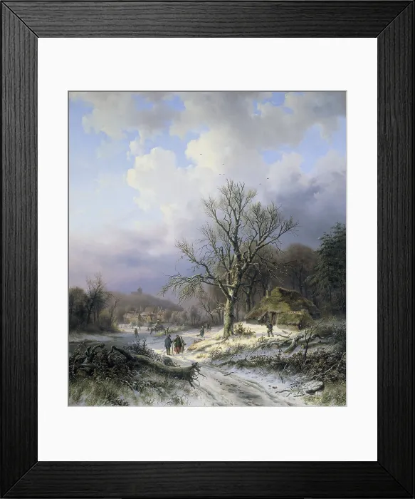 Framed Print : Snow Landscape, by Alexander Joseph Daiwaille, 1845, Dutch painting, oil on canvas. Townspeople socializing, carrying wood, and skating in a winter landscape