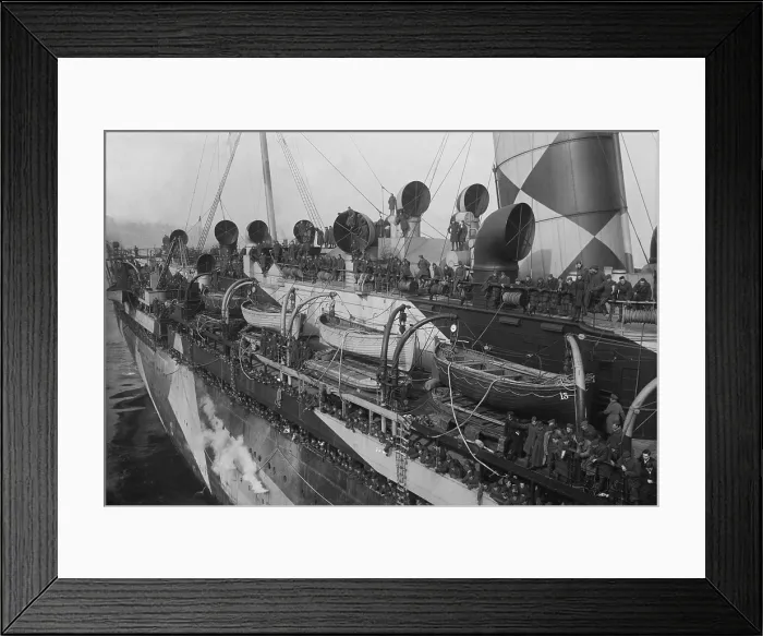 Framed Print : RMS Mauretania transporting American soldiers, Dec. 2, 1918 in New York Harbor. The luxury ocean liner was similar to her running mate, the Lusitania, before World War 1