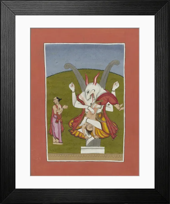 Framed Print : Vishnu in the Form of the Man-lion, by Anonymous, c. 1825-75, South Asian watercolor painting. Vishnu defeats the demon Hiranyakashipu