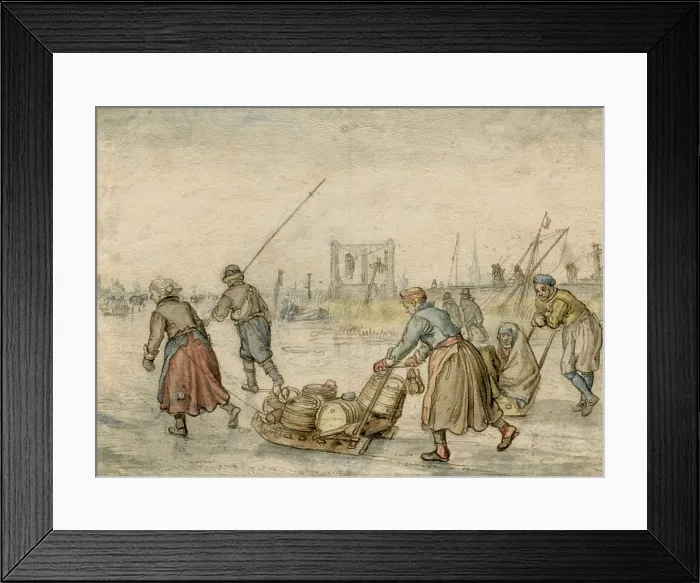 Framed Print : Country Leaders with Sled on the Ice, by Hendrick Avercamp, c. 1600-34, Dutch drawing with watercolor. Two women pull and push a sled loaded with barrels on a frozen waterway