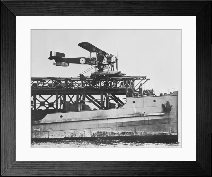 Framed Print : British seaplane ready to be catapulted into the air on the HMS SLINGER, during World War 1. HMS SLINGER was an experimental catapult ship in British Navy, 1917-1918