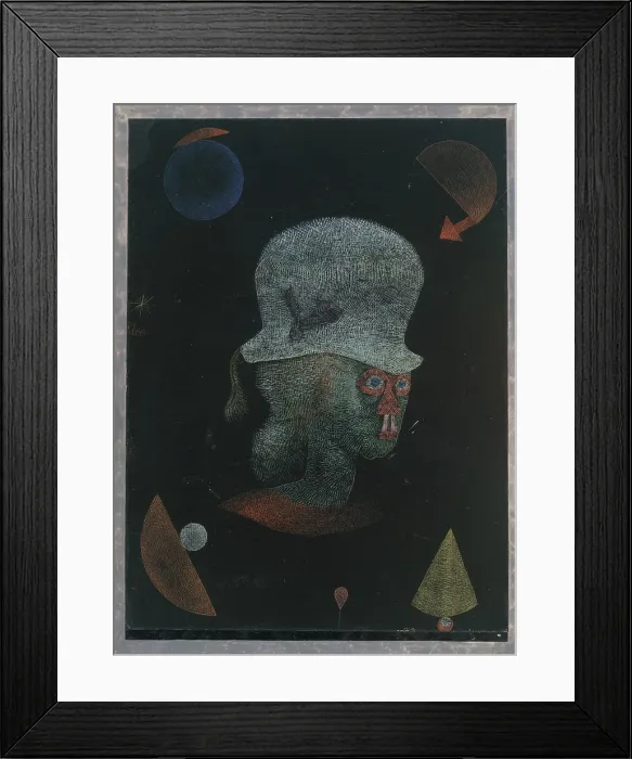 Framed Print : ASTROLOGICAL FANTASY PORTRAIT, by Paul Klee, 1924, Swiss drawing, gouache, and ink on paper. Imaginary humanoid drawn with white and colored hatching on black paper