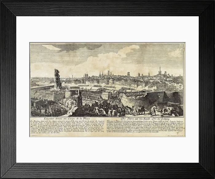Framed Print : Spanish Succession War. Assault and conquest of Barcelona (11st September 1714). Engraving by Martin Engelbrecht after a drawing by Rigaud. Etching. SPAIN. Barcelona