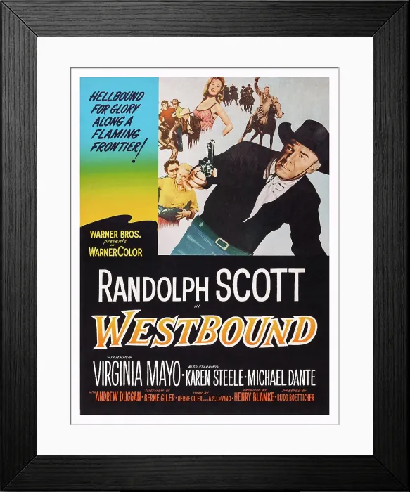 Framed Print : WESTBOUND, US poster art, center: Randolph Scott; top: Virginia Mayo, 1959 Framed Print : WESTBOUND, US poster art, center: Randolph Scott; top: Virginia Mayo, 1959