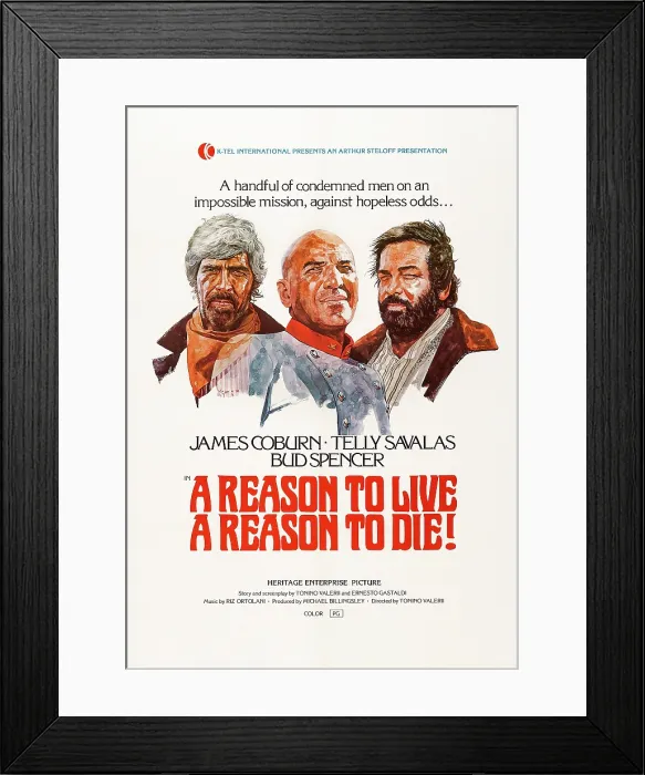 Framed Print : A REASON TO LIVE, A REASON TO DIE!, US poster art, from left: James Coburn, Telly Savalas, Bud Spencer, 1972