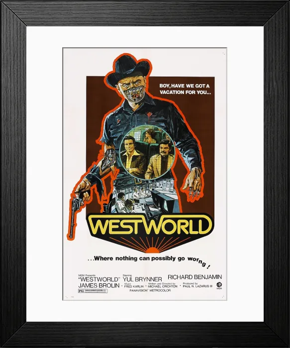 Framed Print : WESTWORLD, Yul Brynner (gun), seated front from left: James Brolin, Richard Benjamin, 1973 Framed Print : WESTWORLD, Yul Brynner (gun), seated front from left: James Brolin, Richard Benjamin, 1973