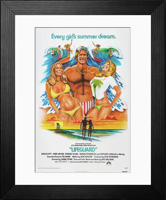 Framed Print : LIFEGUARD, US poster art, center: Sam Elliott, 1976 Framed Print : LIFEGUARD, US poster art, center: Sam Elliott, 1976