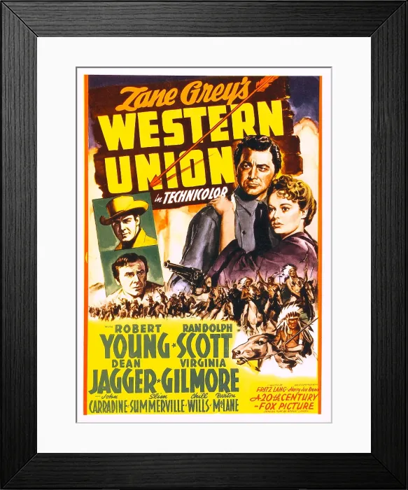 Framed Print : WESTERN UNION, left from top: Randolph Scott, Dean Jagger, right from left: Robert Young, Virginia Gilmore on midget window card, 1941 Framed Print : WESTERN UNION, left from top: Randolph Scott, Dean Jagger, right from left: Robert Young, Virginia Gilmore on midget window card, 1941