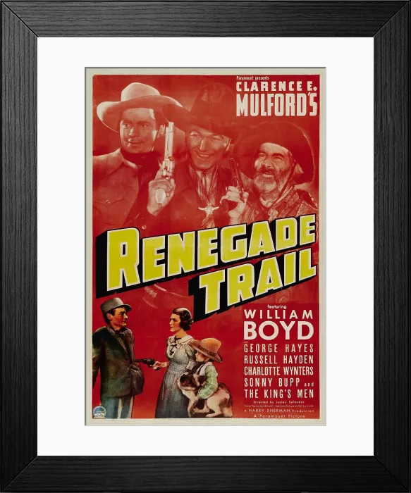Framed Print : RENEGADE TRAIL, top from left: Russell Hayden, William Boyd, Gabby Hayes, bottom center: Charlotte Winters, bottom right: Sonny Bupp, 1939