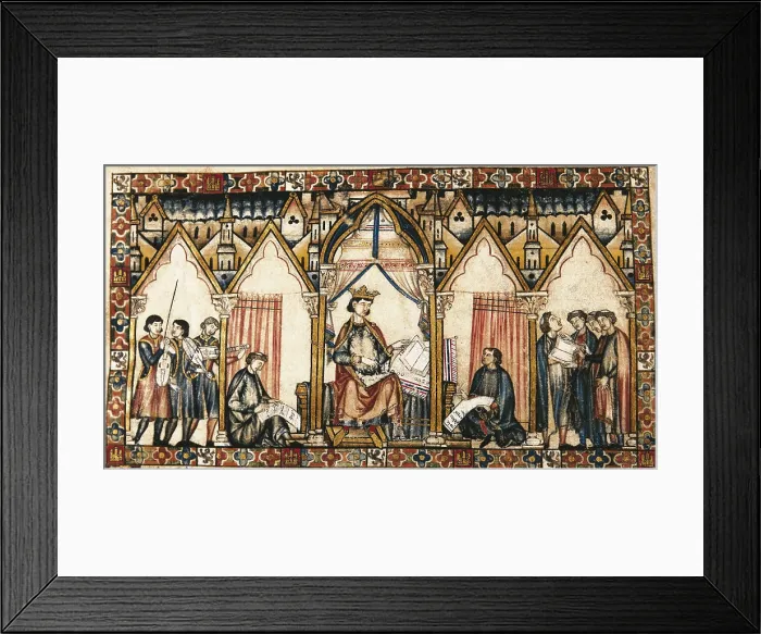 Framed Print : Cantigas de Santa Maria (Virgin Mary Songs). 13th c. The King Alfonso X surrounded by musicians and scribes. Gothic art. Miniature Painting. SPAIN. San Lorenzo de El Escorial Framed Print : Cantigas de Santa Maria (Virgin Mary Songs). 13th c. The King Alfonso X surrounded by musicians and scribes. Gothic art. Miniature Painting. SPAIN. San Lorenzo de El Escorial