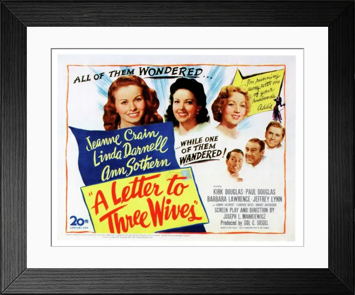 Framed Print : A LETTER TO THREE WIVES, top from left: Jeanne Crain, Linda Darnell, Ann Sothern, bottom from left: Jeffrey Lynn, Paul Douglas, Kirk Douglas on poster art, 1949
