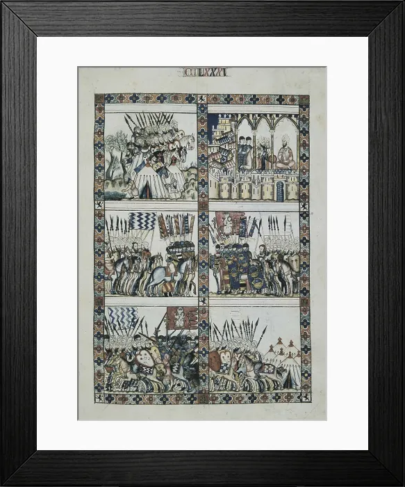 Framed Print : Cantigas de Santa Maria (Virgin Mary Songs). 13th c. Scenes with the Castilian and the Spanish-Arabic armies. Gothic art. Miniature Painting Framed Print : Cantigas de Santa Maria (Virgin Mary Songs). 13th c. Scenes with the Castilian and the Spanish-Arabic armies. Gothic art. Miniature Painting