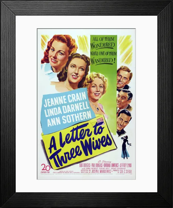 Framed Print : A LETTER TO THREE WIVES, US poster art, left from top: Jeanne Crain, Linda Darnell, Ann Sothern, right from top: Kirk Douglas, Paul Douglas, Jeffrey Lynn, 1949