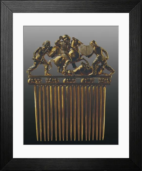 Framed Print : Comb with a Scythians in Battle. 5th-4th c. BC. Scythian Art. Jewelry. RUSSIA. Saint Petersburg. State Hermitage Museum. Proc: UKRAINE. ZAPORIZHZHYA
