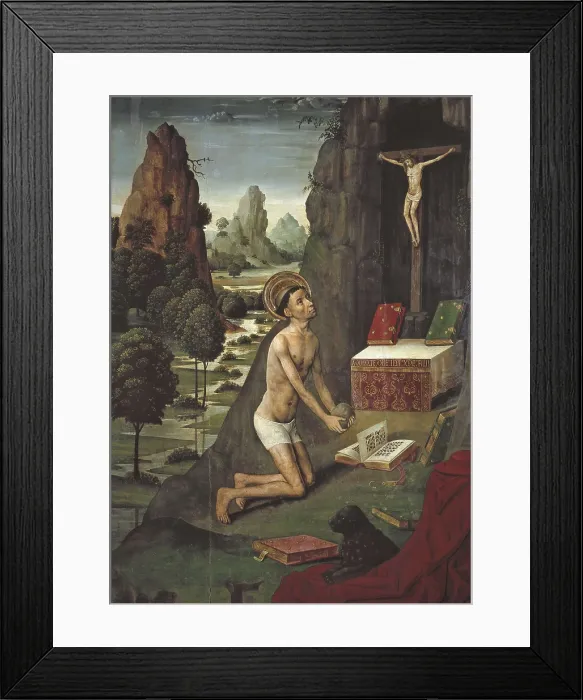 Framed Print : SEU D URGELL, Master of (12th century). Saint Jerome Penitent. ca. 1490. It formed part of an altarpiece. Oil on wood. SPAIN. Barcelona. National Art Museum of Catalonia