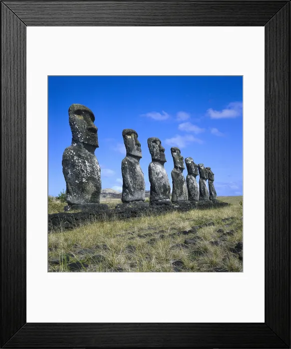 Framed Print : CHILE. VALPARAISO. Moai statues of Ahu Akivi temple, megalithic busts carved from volcanic rock. Sculpture. AISA / Everett Collection**US SALES ONLY** Framed Print : CHILE. VALPARAISO. Moai statues of Ahu Akivi temple, megalithic busts carved from volcanic rock. Sculpture. AISA / Everett Collection**US SALES ONLY**