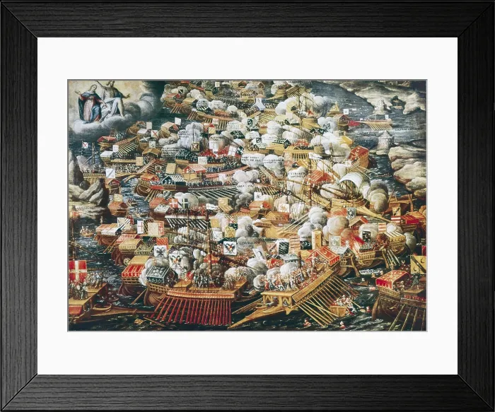 Framed Print : The Battle of Lepanto, 7th October 1571. ca. 1571. Detail. Italian anonymous. Naval battle at the Gulf of Corinth. Oil. ITALY. Venice. Correr Museum Framed Print : The Battle of Lepanto, 7th October 1571. ca. 1571. Detail. Italian anonymous. Naval battle at the Gulf of Corinth. Oil. ITALY. Venice. Correr Museum