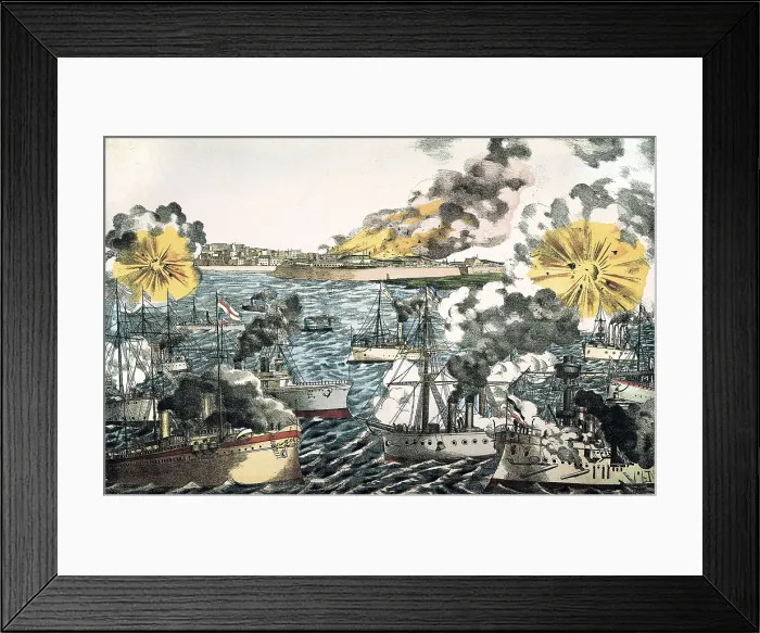 Framed Print : China. The Boxer Rebellion. Bombing of Tak Fort by the allied fleet (17th June 1900). Litography. ITALY. Milan