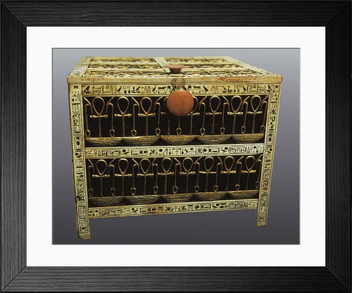 Framed Print : Jewelry and amulets casket. 1333 BC. Wood and ivory with gold and silver overlay. From Tutankhamun's Tomb. Egyptian art. New Kingdom. Furniture. EGYPT. Cairo. Egyptian Museum