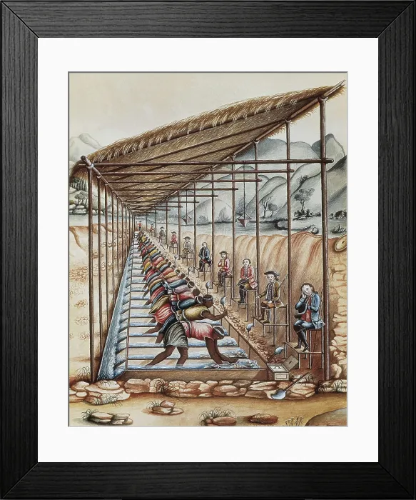 Framed Print : Brazil (18th c.). Slaves cleaning precious stones guarded by a 'feitor' with a whip. Painting. AISA / Everett Collection**US SALES ONLY** Framed Print : Brazil (18th c.). Slaves cleaning precious stones guarded by a 'feitor' with a whip. Painting. AISA / Everett Collection**US SALES ONLY**