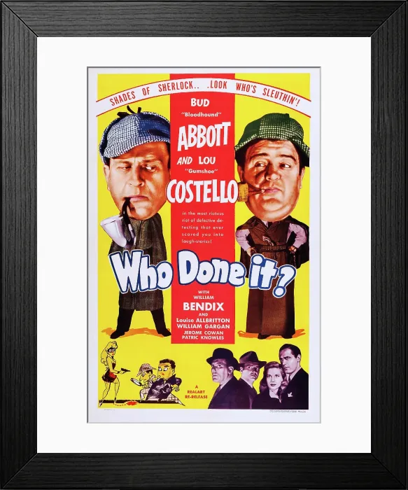 Framed Print : WHO DONE IT?, US poster, top from left: Bud Abbott, Lou Costello, bottom from left: William Bendix, William Gargan, Louise Allbritton, Patric Knowles, 1942