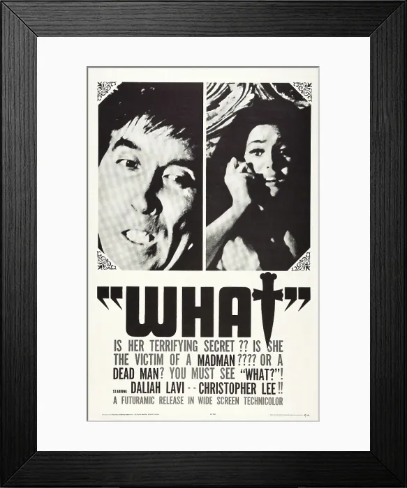 Framed Print : WHAT, (aka THE WHIP AND THE BODY, aka LA FRUSTA E IL CORPO), poster art, l-r: Christopher Lee, Daliah Lavi, 1964