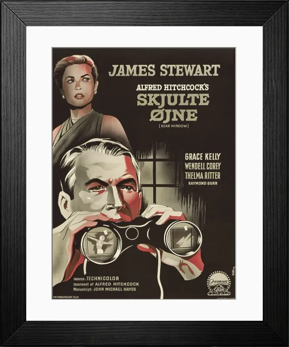 Framed Print : REAR WINDOW, (aka SKJULTE OJNE), from top on Danish poster art: Grace Kelly, James Stewart, Georgine Darcy, 1954