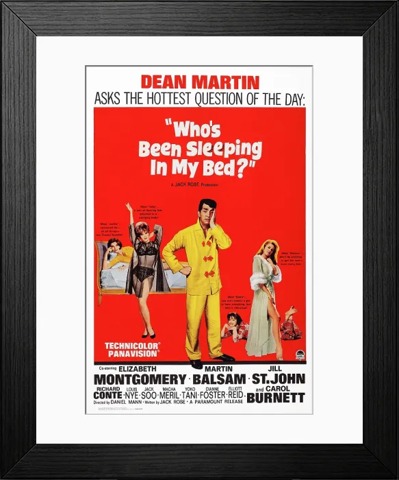 Framed Print : WHO'S BEEN SLEEPING IN MY BED, US poster art, from left: Macha Meril, Jill St. John, Dean Martin, Carol Burnett, Elizabeth Montgomery, 1963