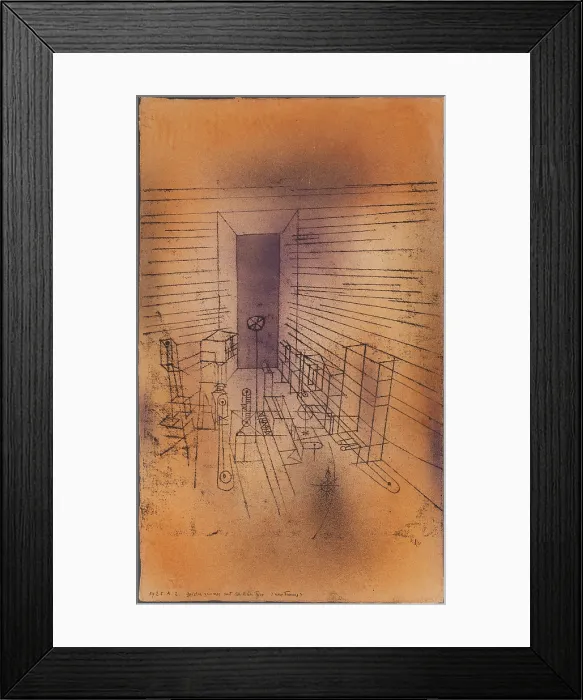 Framed Print : GHOST CHAMBER WITH THE TALL DOOR (NEW VERSION), by Paul Klee, 1925, Swiss watercolor painting. Line drawing creates the illusion of a room, furniture, and a door