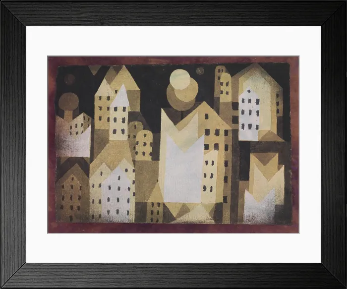 Framed Print : COLD CITY, by Paul Klee, 1921, Swiss drawing, watercolor on paper. Multi-toned simply rendered brown buildings, are surrounded by a frame of maroon color (BSLOC_2017_7_37)