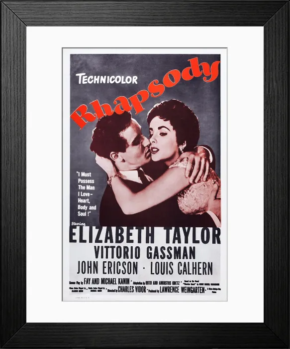 Framed Print : RHAPSODY, US poster art, from left: Vittorio Gassman, Elizabeth Taylor, 1954 Framed Print : RHAPSODY, US poster art, from left: Vittorio Gassman, Elizabeth Taylor, 1954