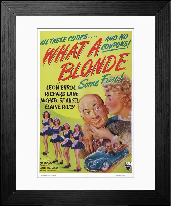 Framed Print : WHAT A BLONDE, US poster art, kissing from left: Leon Errol, Veda Ann Borg, 1945 Framed Print : WHAT A BLONDE, US poster art, kissing from left: Leon Errol, Veda Ann Borg, 1945