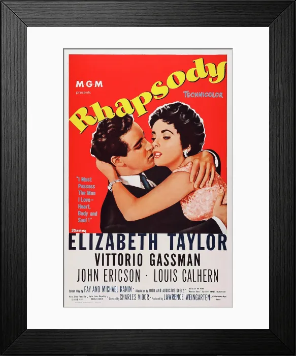 Framed Print : RHAPSODY, US poster art, from left: Vittorio Gassman, Elizabeth Taylor, 1954 Framed Print : RHAPSODY, US poster art, from left: Vittorio Gassman, Elizabeth Taylor, 1954