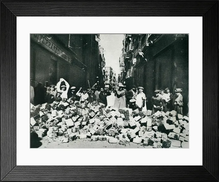 Framed Print : SPAIN. Barcelona. Spain (1909). Tragic Week in Barcelona. Barricade on the Hospital street. Image published in the magazine 'La Actualidad'