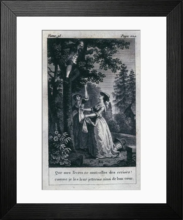 Framed Print : Illustration of Rousseau's 'Works', edition published in Paris in 1819. Volume 15, page 220: Depiction of a group collecting cherries. Engraving. SPAIN. Barcelona Framed Print : Illustration of Rousseau's 'Works', edition published in Paris in 1819. Volume 15, page 220: Depiction of a group collecting cherries. Engraving. SPAIN. Barcelona
