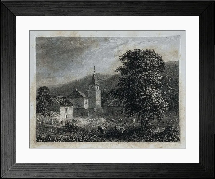 Framed Print : Rousseau, Jean-Jacques (1712-1778). Presbytery of Bossey, place where Rousseau studied between 1722-1724 at the school of the Minister Lambercier. Engraving of 1852. Engraving