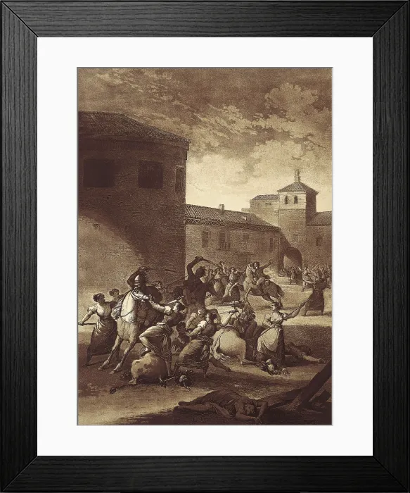 Framed Print : Spain. Peninsular War (1808-1814). Battle in Saragossa. Saragossan women facing up to French dragoons (15th October 1808). Litography. SPAIN. Madrid. National Library