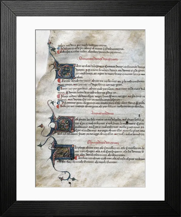 Framed Print : AURENGA, Raimbaut d (1147-1173). 'Canoner Gil' by Raimbaut d'Aurenga, fol. 47r. with the poem 'Bona dona un consell vos deman'. Manuscript (15th c.) Framed Print : AURENGA, Raimbaut d (1147-1173). 'Canoner Gil' by Raimbaut d'Aurenga, fol. 47r. with the poem 'Bona dona un consell vos deman'. Manuscript (15th c.)