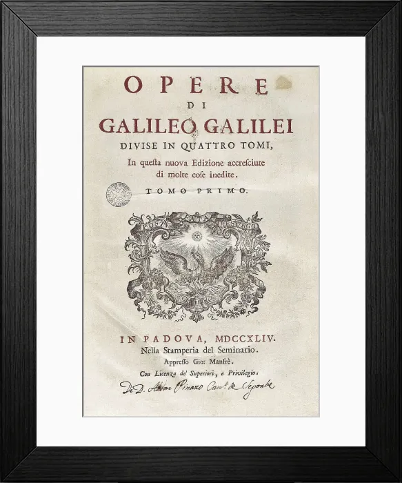 Framed Print : GALILEO, Galileo Galilei, called (1564-1642). Title page of volume I, of the 'Opere de Galileo Galilei'. Edition published in Padua in 1744. SPAIN. Barcelona