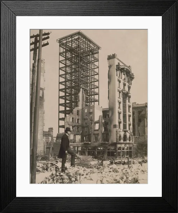 Framed Print : After the April 18, 1906 San Francisco earthquake, a man stands among rubble