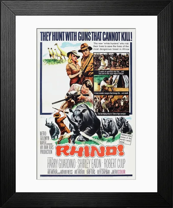 Framed Print : RHINO!, top l-r: Shirley Eaton, Harry Guardino, bottom: Robert Culp on poster art, 1964