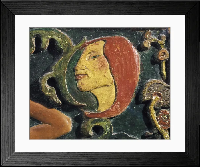 Framed Print : GAUGUIN, Paul (1848-1903). Be Mysterious. Right upper detail. Inspired by his painting: 'Woman in the Waves or Ondine'. Polychrome wood. Symbolism. Pont-Aven school Framed Print : GAUGUIN, Paul (1848-1903). Be Mysterious. Right upper detail. Inspired by his painting: 'Woman in the Waves or Ondine'. Polychrome wood. Symbolism. Pont-Aven school