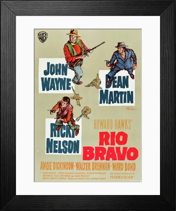 Framed Print : RIO BRAVO, clockwise: John Wayne, Dean Martin, Ricky Nelson on German poster art, 1959 Framed Print : RIO BRAVO, clockwise: John Wayne, Dean Martin, Ricky Nelson on German poster art, 1959
