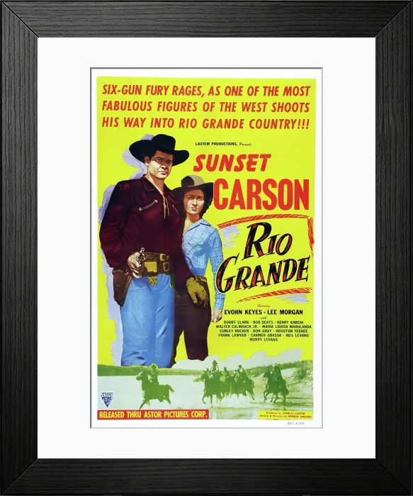 Framed Print : RIO GRANDE, US poster art, from left: Sunset Carson, Evohn Keyes, 1949