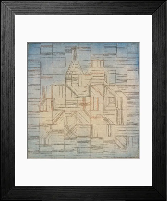 Framed Print : VARIATIONS (ROGRESSIVE MOTIF), by Paul Klee, 1926, Swiss painting, oil, watercolor on canvas. The canvas surface is toned ivory in the center and blue on the corners and edges
