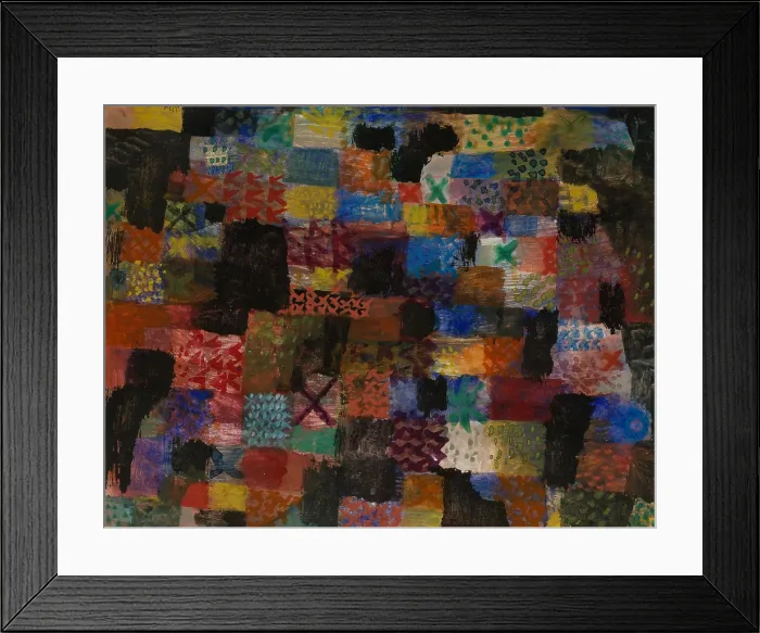 Framed Print : DEEP PATHOS, by Paul Klee, 1915, Swiss drawing, watercolor and gouache on paper. On ground of colored rectangles, Klee overpainted X's and dots of color (BSLOC_2017_7_68) Framed Print : DEEP PATHOS, by Paul Klee, 1915, Swiss drawing, watercolor and gouache on paper. On ground of colored rectangles, Klee overpainted X's and dots of color (BSLOC_2017_7_68)