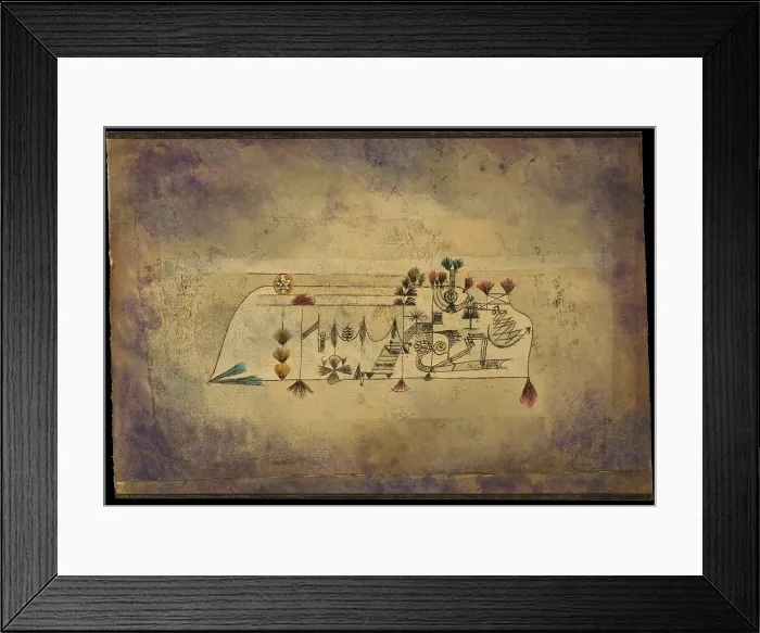 Framed Print : ALL SOULS PICTURE, by Paul Klee, 1921, Swiss drawing, watercolor and ink on paper. Line drawing with fan-like forms painted with red, yellow, and blue (BSLOC_2017_7_73)