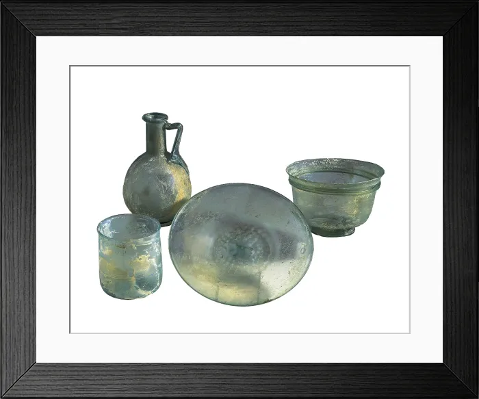 Framed Print : Glass, plate, bowl and bottle. Roman art. Glass and Crystal. SPAIN. Barcelona. Archaeology Museum of Catalonia. AISA / Everett Collection**US SALES ONLY**